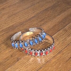 Silver-Tone Cuff Bracelets with Red and Blue Stones - Set of 2